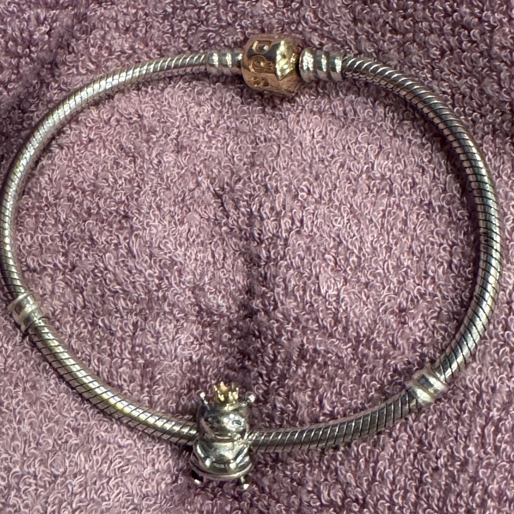 Sterling Silver Pandora Bracelet with 14kt Gold Clasp and Queen Bee Charm